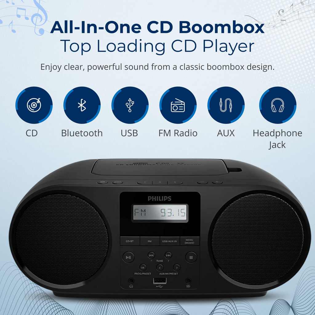Portable CD Player Boombox with Bluetooth FM Radio USB Aux Input C7855
