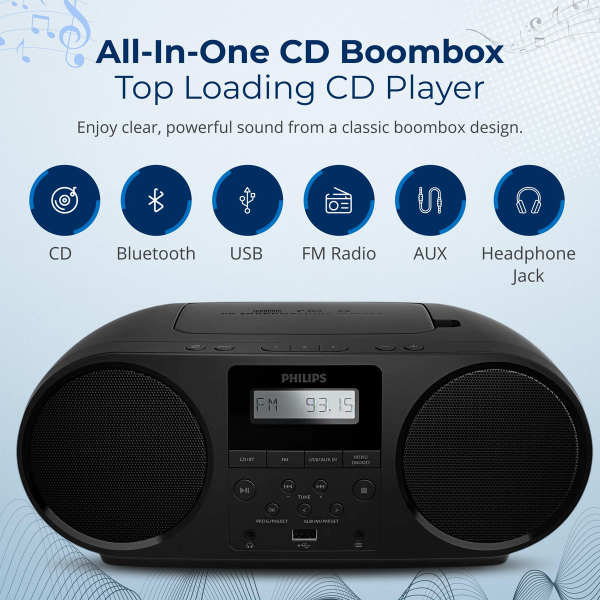 Portable CD Player Boombox with Bluetooth FM Radio USB Aux Input C7855