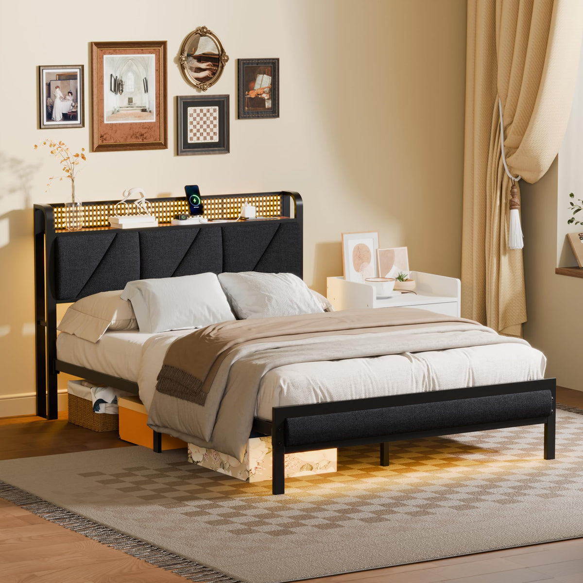Full Size Bed Frame with Storage Shelf and Upholstered Headboard I94631