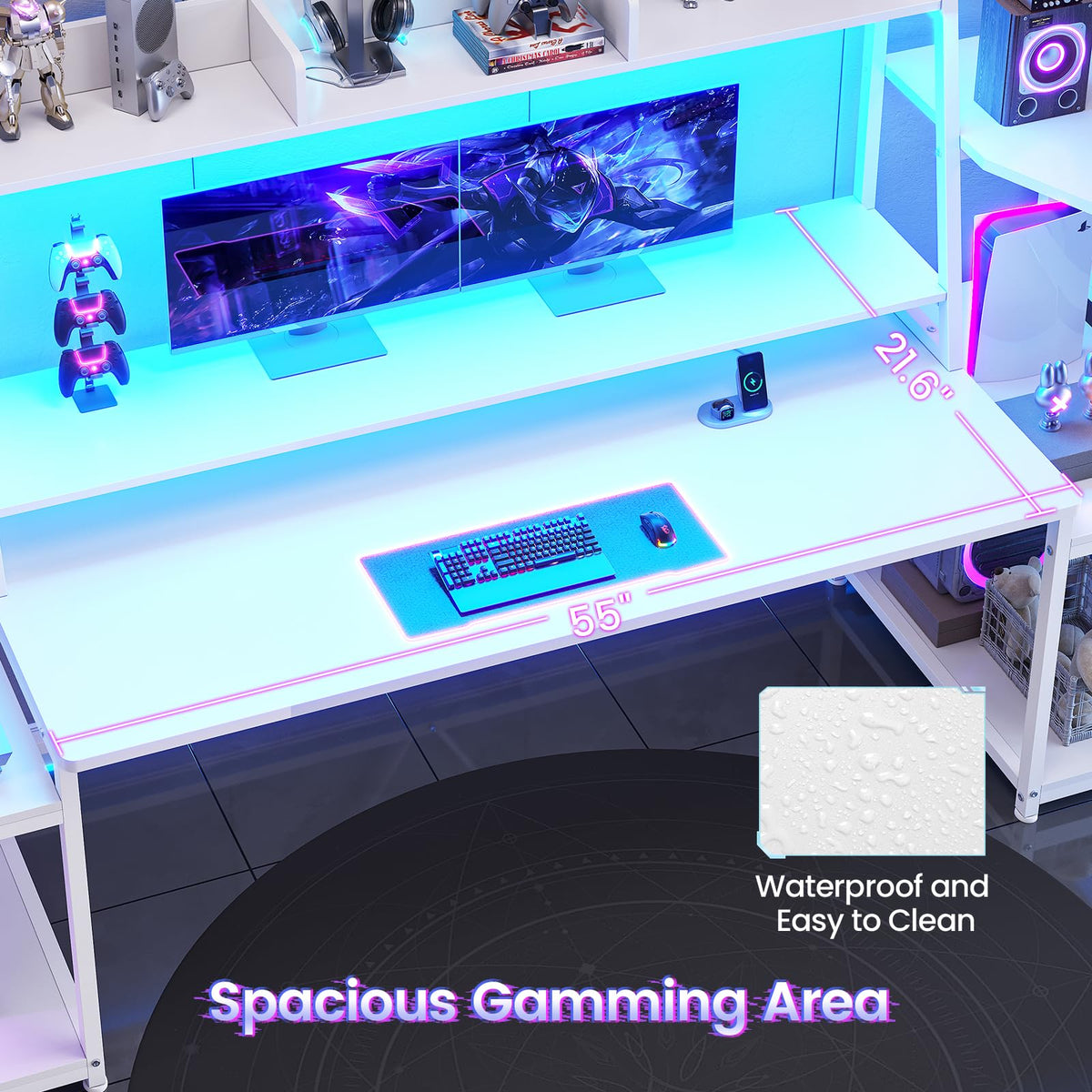 79'' White Gaming Desk with LED Lights and Storage Shelves D306