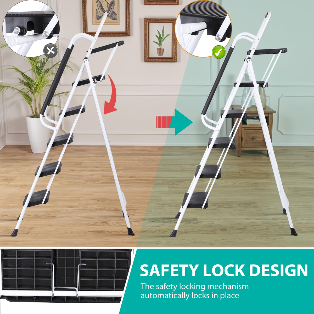 5 Step White Foldable Steel Step Stool with Handrail S15194