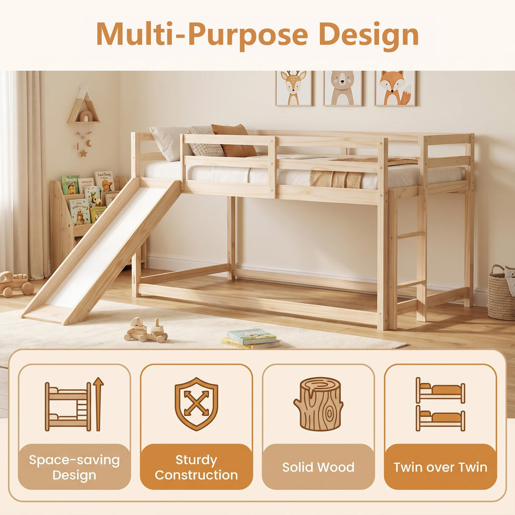 Twin Over Twin Solid Wood Bunk Bed with Slide and Ladder V510610