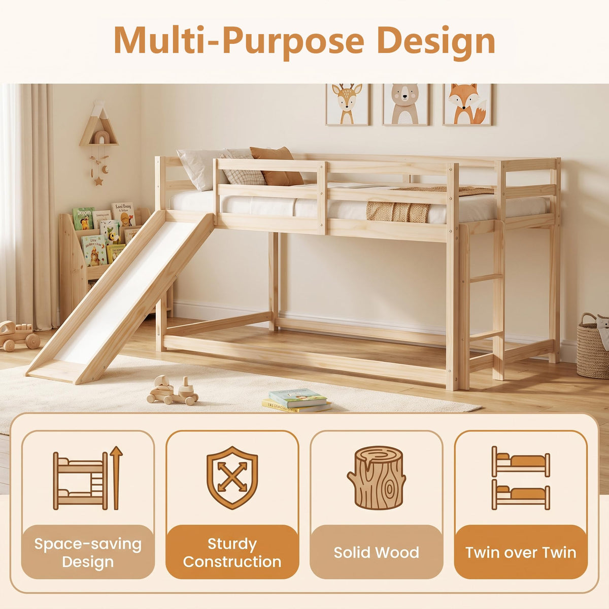 Twin Over Twin Solid Wood Bunk Bed with Slide and Ladder V510610