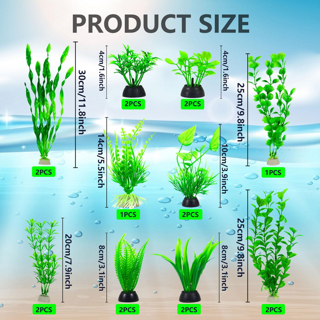 Artificial Aquarium Plants Set, Plastic Fish Tank Decorations (18pcs-Green) P4358