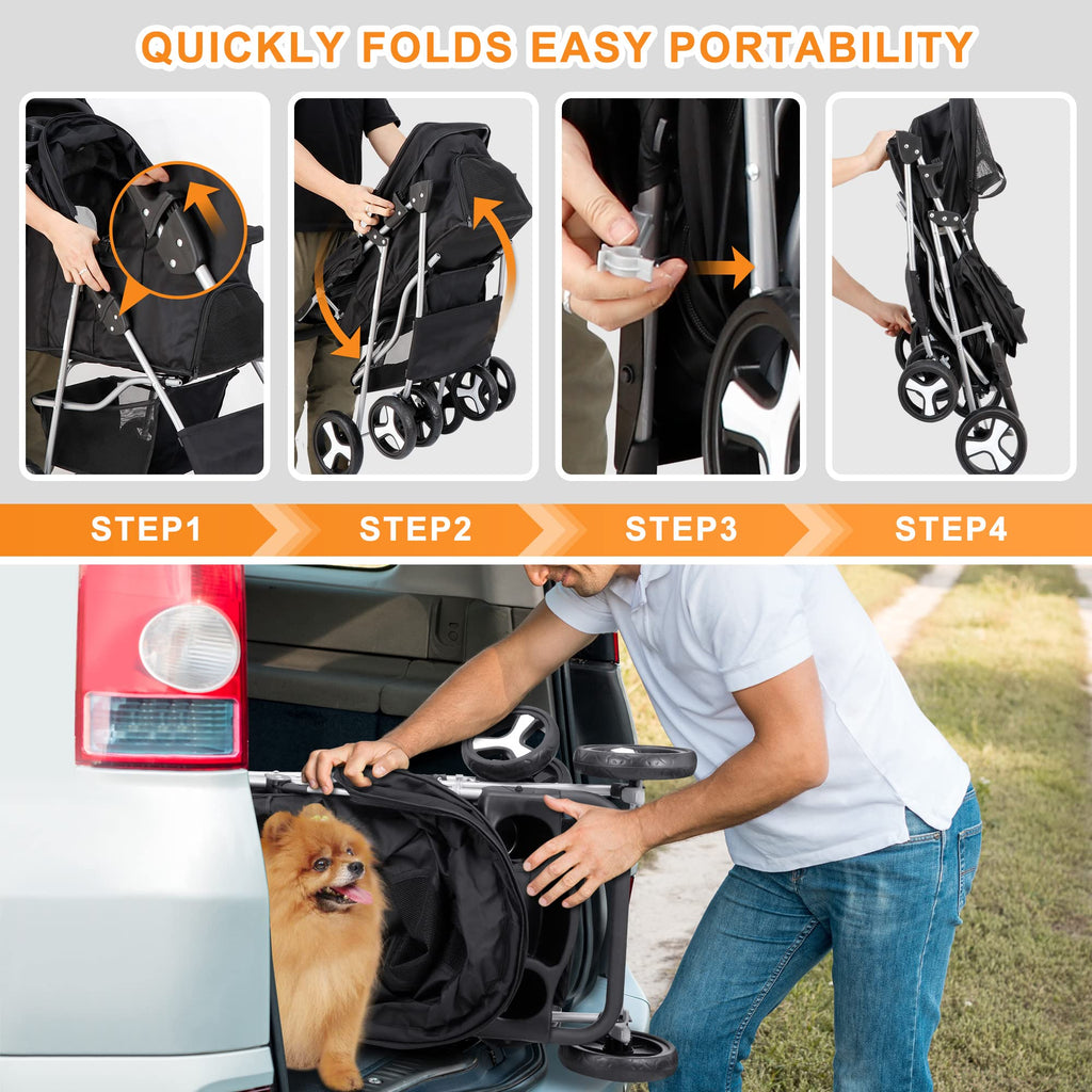 4 Wheels Foldable Pet Stroller with Storage Basket and Cup Holder L523104