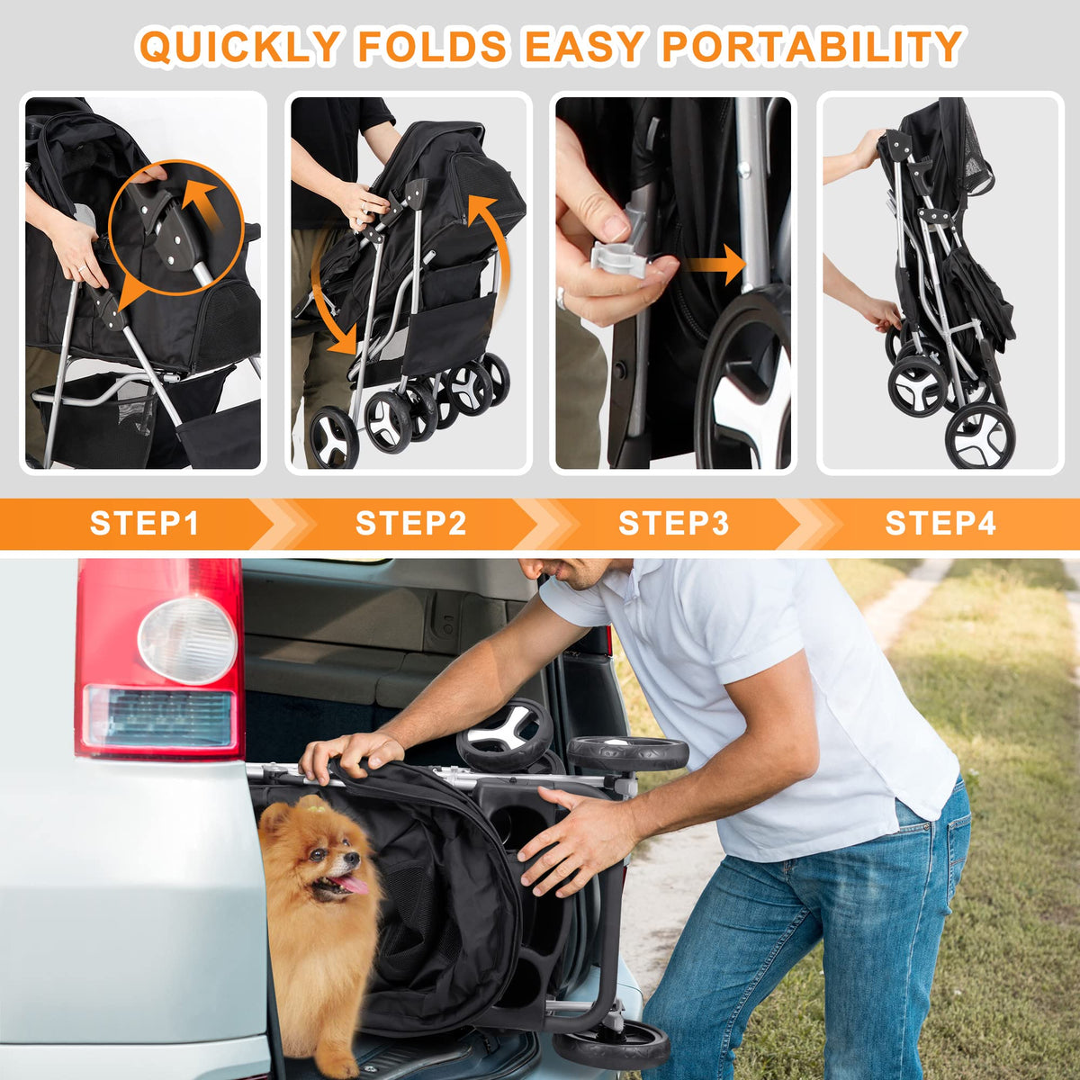 4 Wheels Foldable Pet Stroller with Storage Basket and Cup Holder L523104