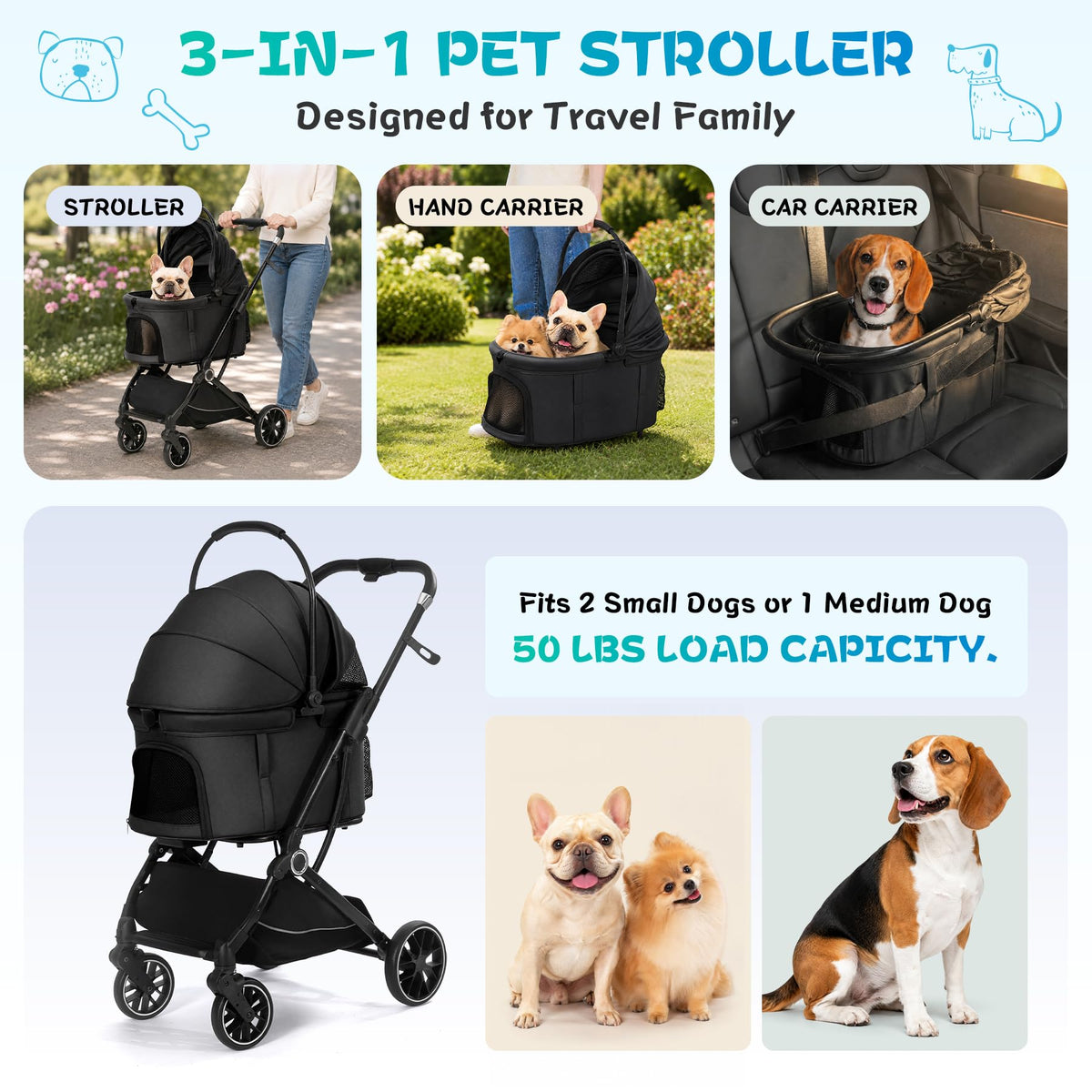 3-in-1 Pet Stroller Black W21696