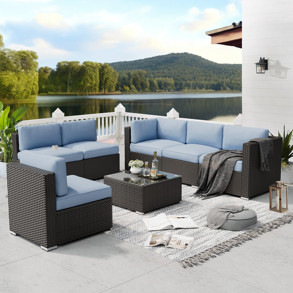 7-Piece All-Weather Wicker Patio Sofa Set with Glass Coffee Table Z6811