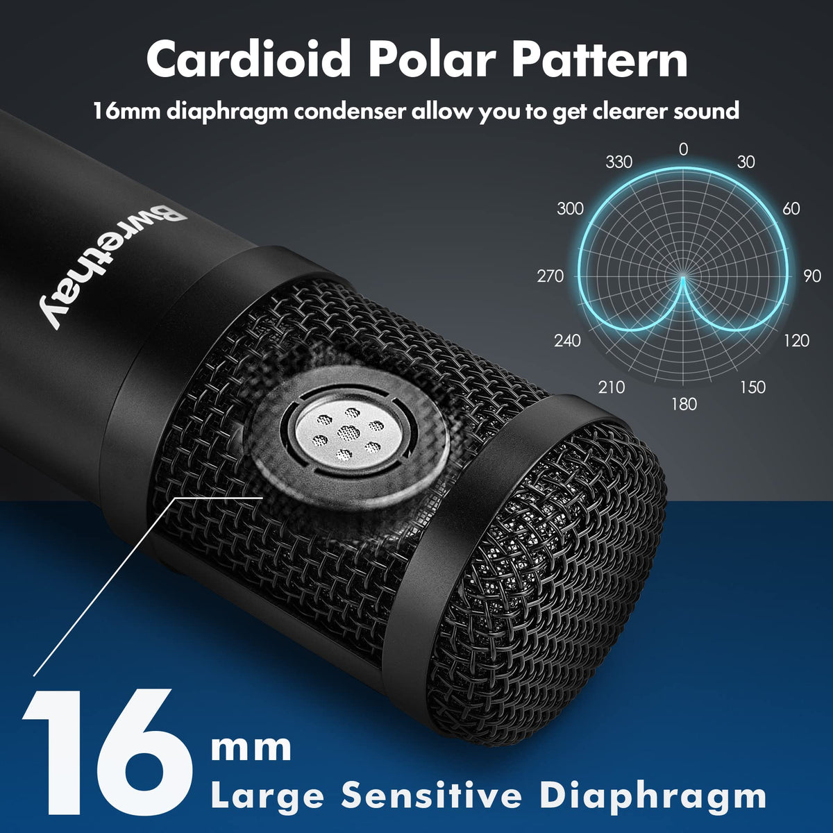 USB Condenser Cardioid Microphone with Boom Arm Stand and Shock Mount, Black D574