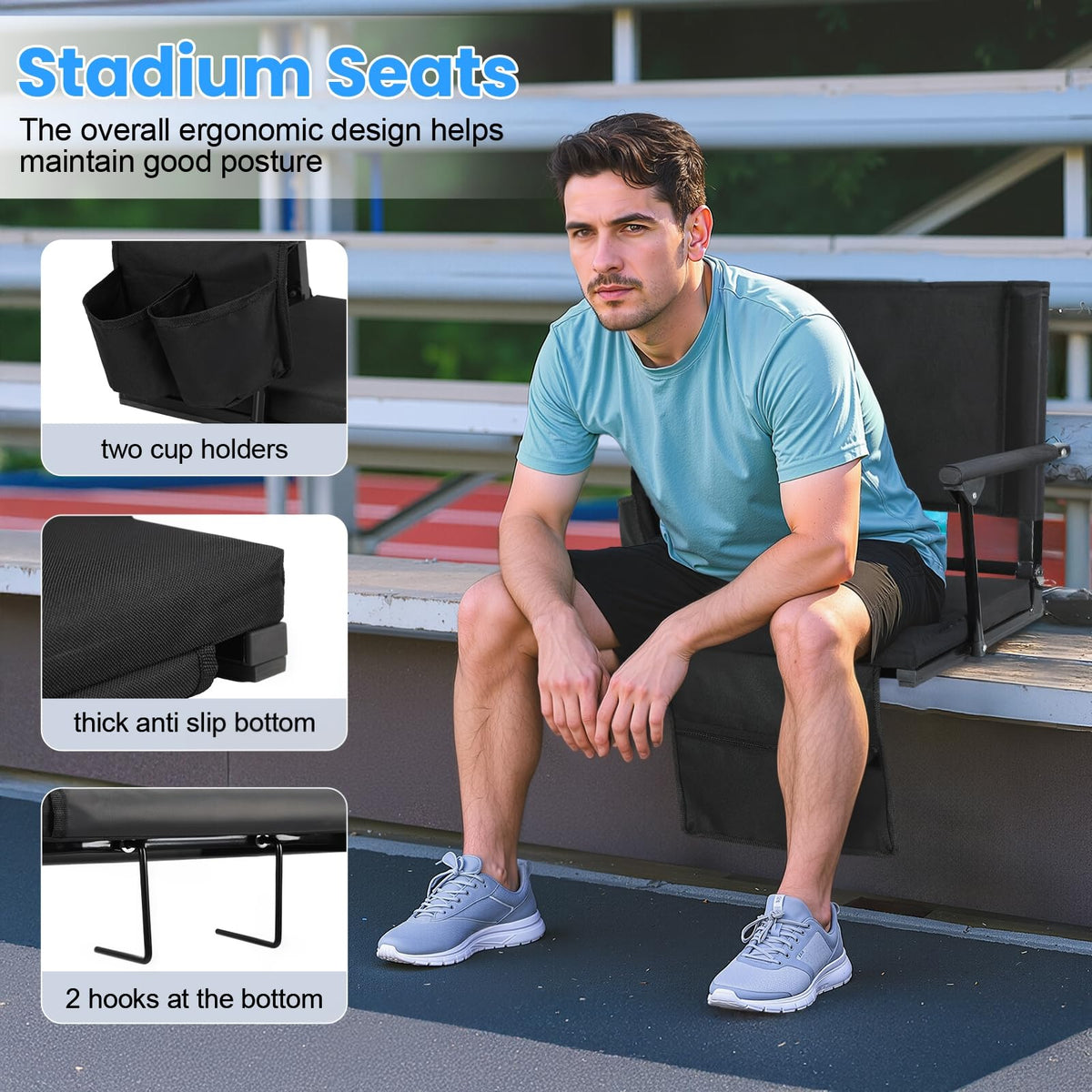 2 Pcs Black Stadium Seats with Back Support and Cushion J689089