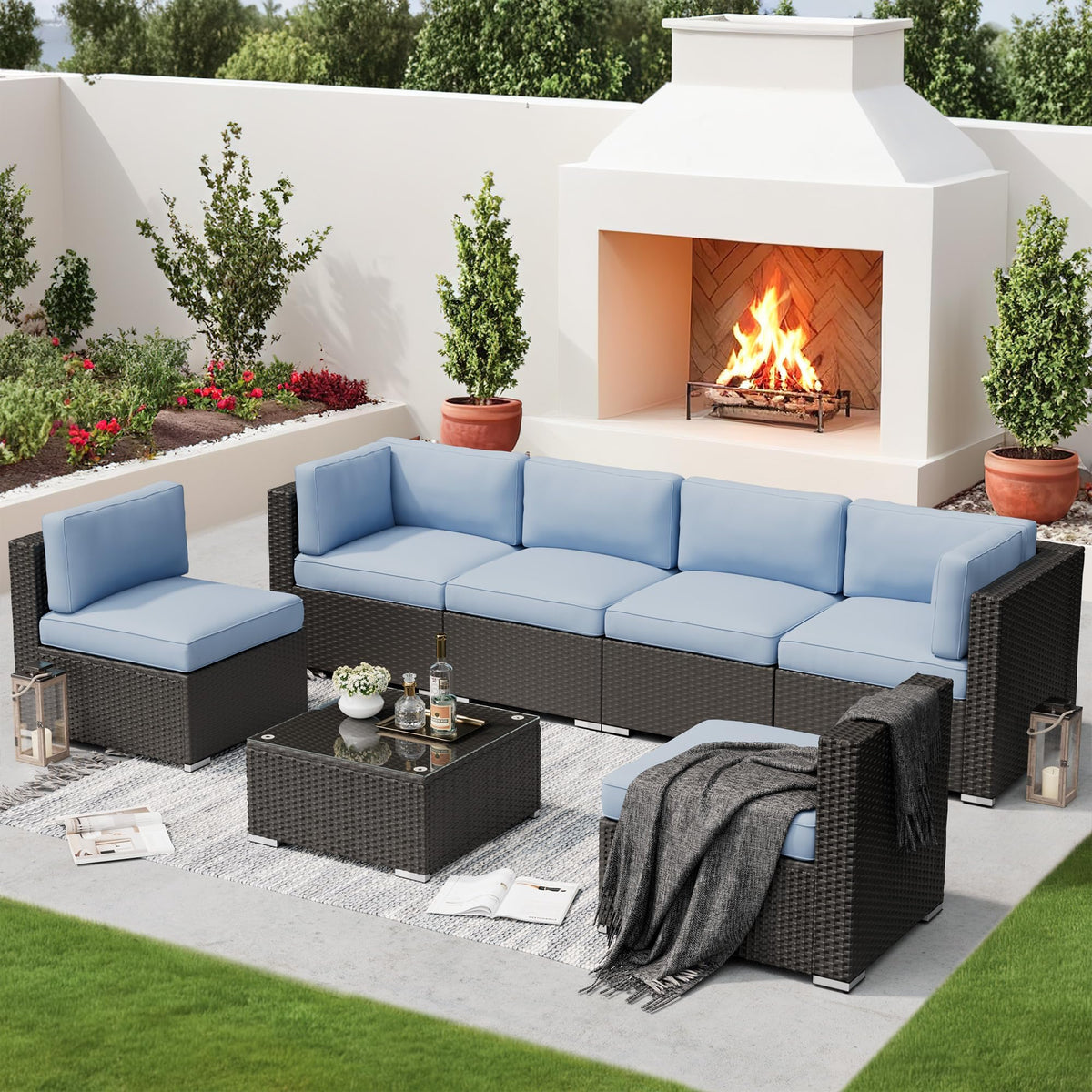 7-Piece All-Weather Wicker Patio Sofa Set with Glass Coffee Table Z6811