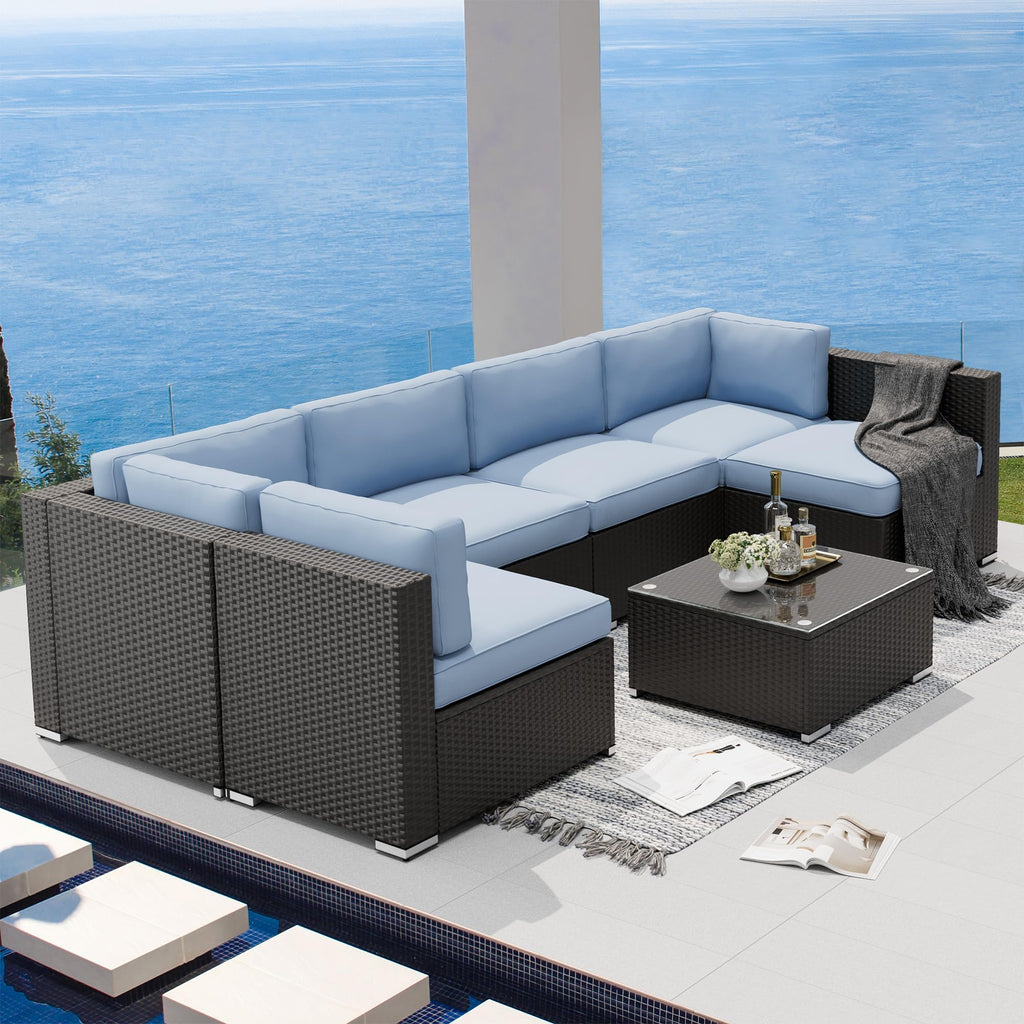 7-Piece All-Weather Wicker Patio Sofa Set with Glass Coffee Table Z6811