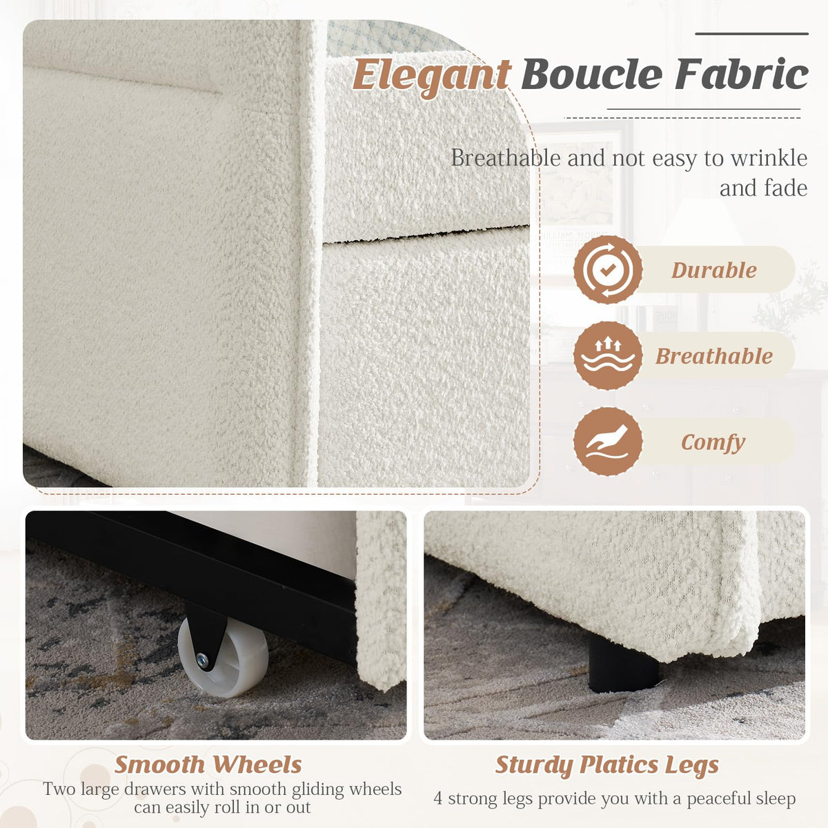 Twin Size Beige Boucle Upholstered Daybed with Trundle C6139