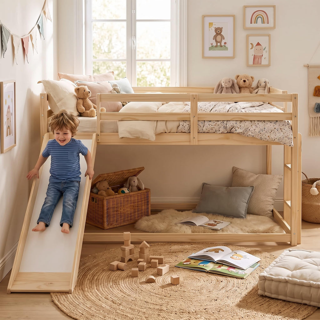Twin Over Twin Solid Wood Bunk Bed with Slide and Ladder V510610