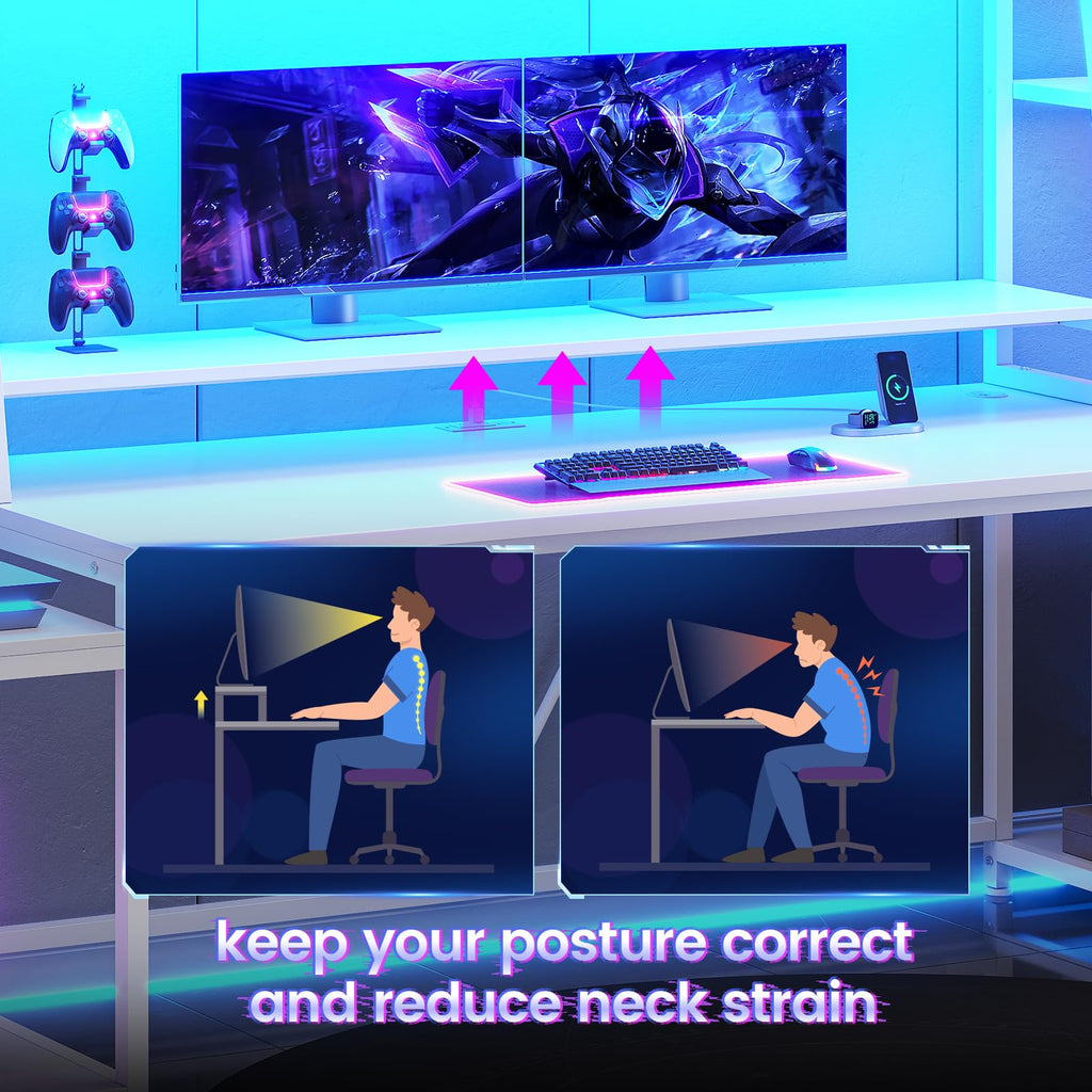 79'' White Gaming Desk with LED Lights and Storage Shelves D306