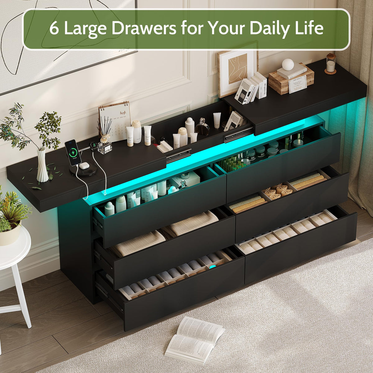 Black 6 Drawer Dresser with Sliding Desktop R196