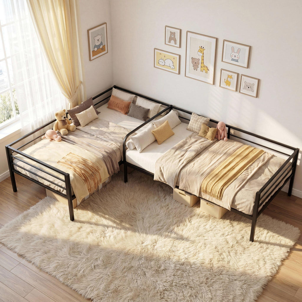 Black L Shaped Twin Beds with Rails B6554