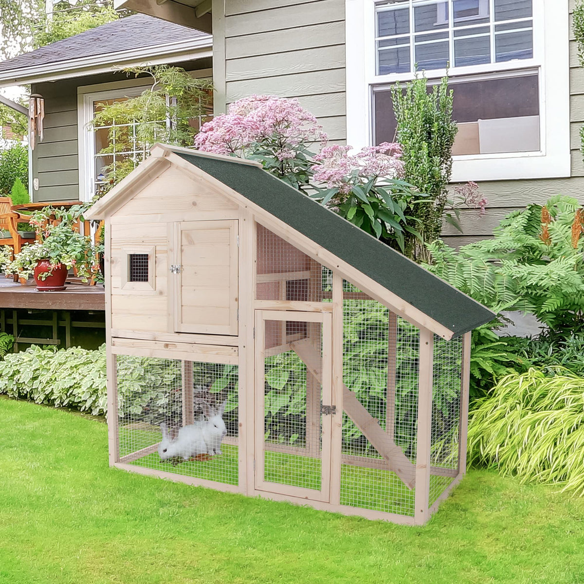 55 Inch 2-Tier Wooden Rabbit Hutch X840041