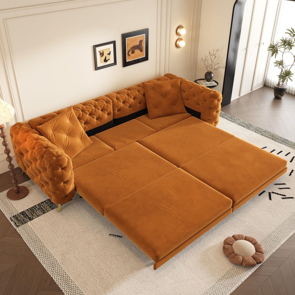 Orange Velvet Convertible Sleeper Sofa with Ottoman L640588