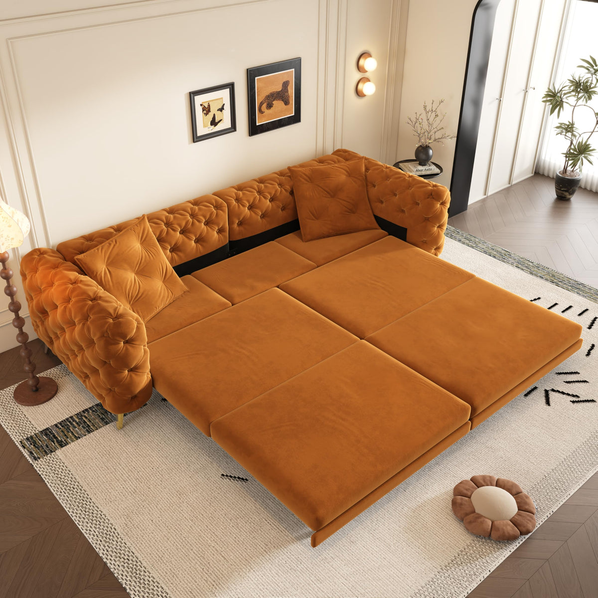 Orange Velvet Convertible Sleeper Sofa with Ottoman L640588