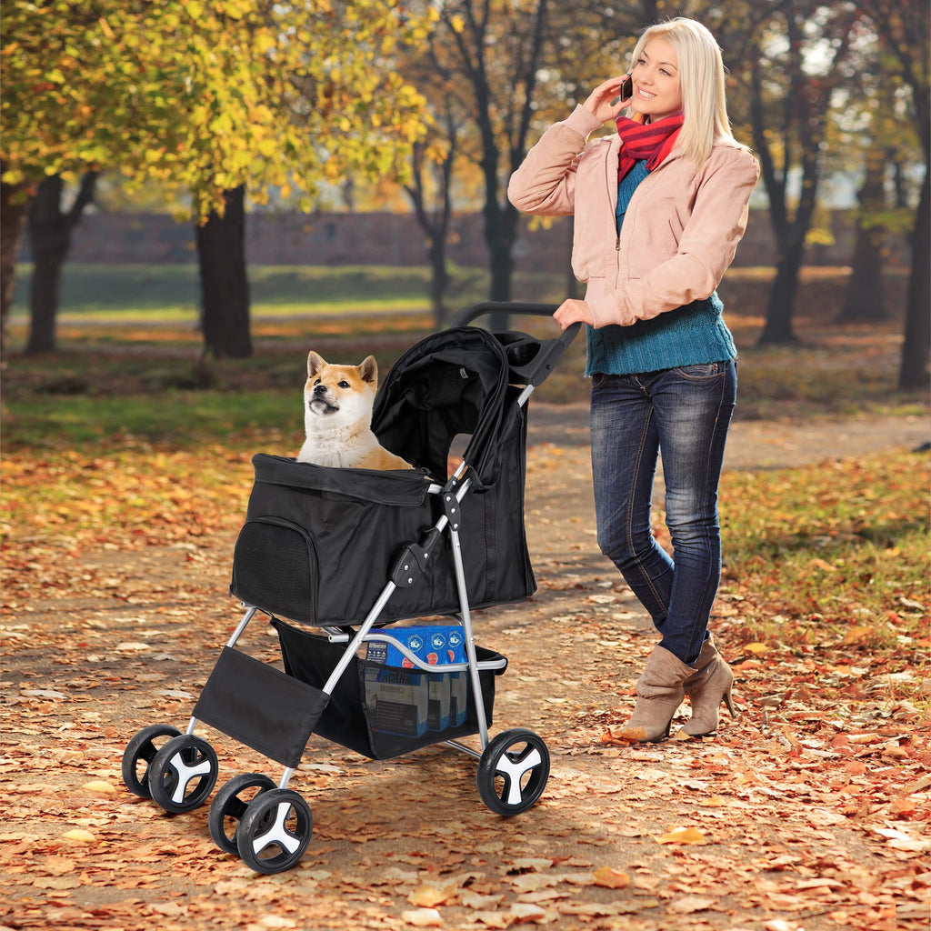 4 Wheels Foldable Pet Stroller with Storage Basket and Cup Holder L523104