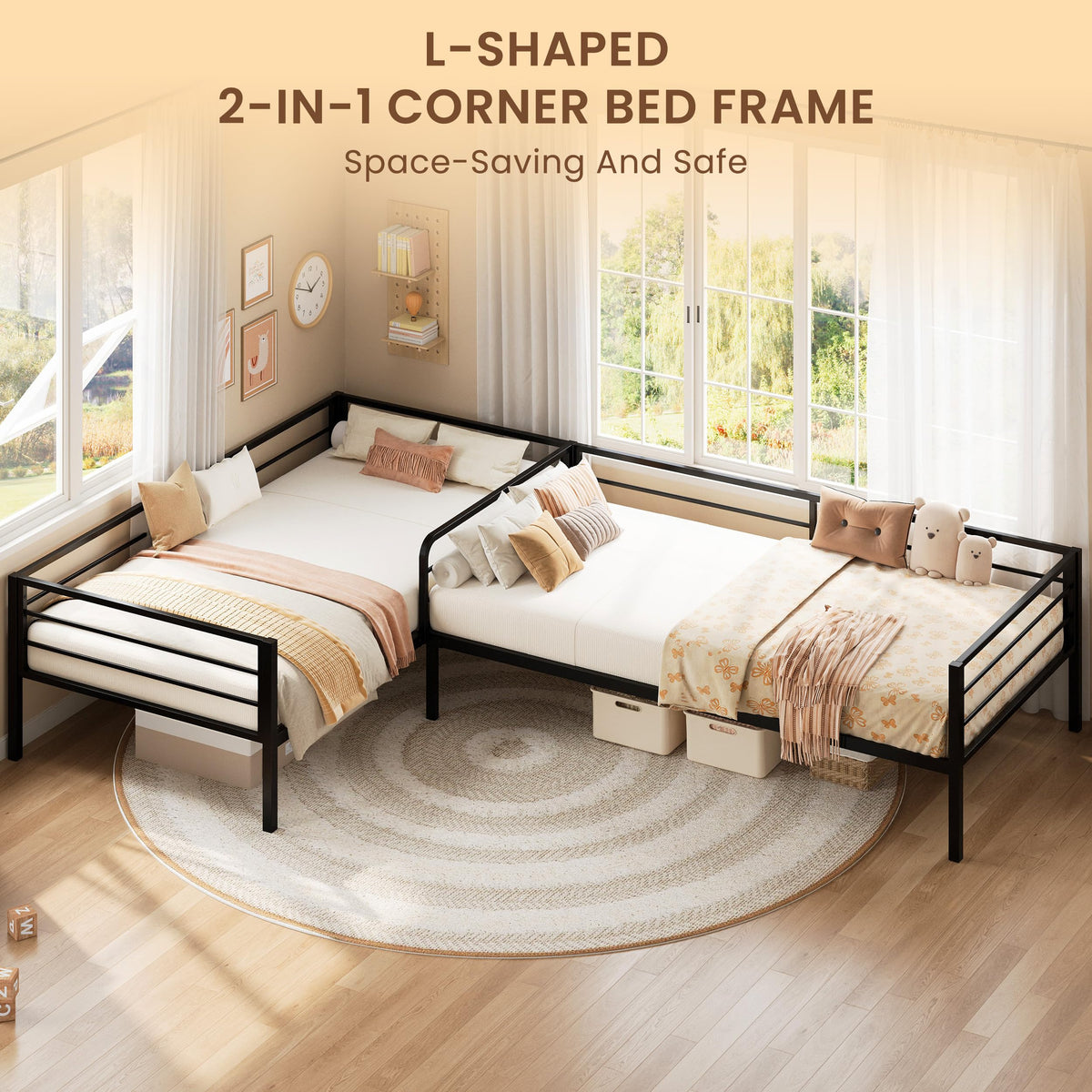 Black L Shaped Twin Beds with Rails B6554