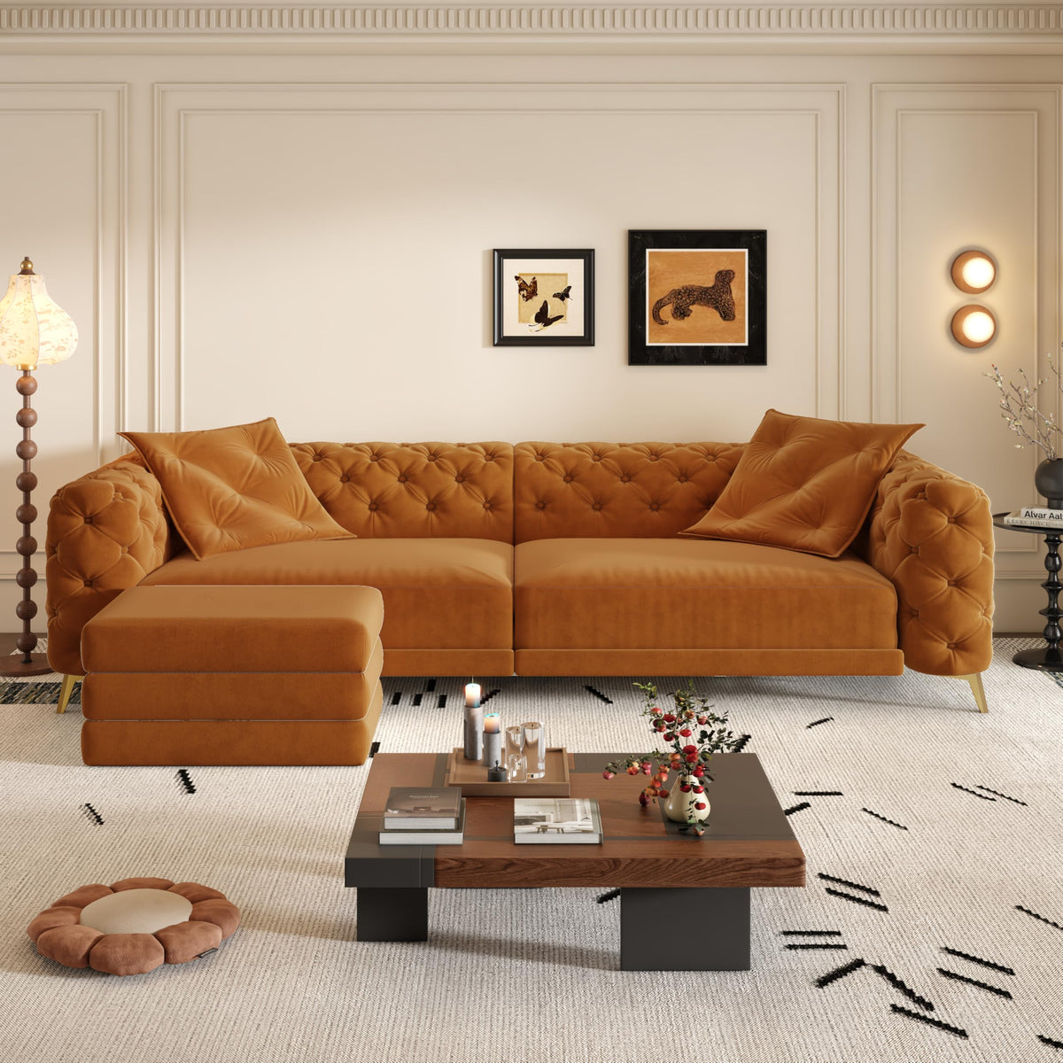 Orange Velvet Convertible Sleeper Sofa with Ottoman L640588