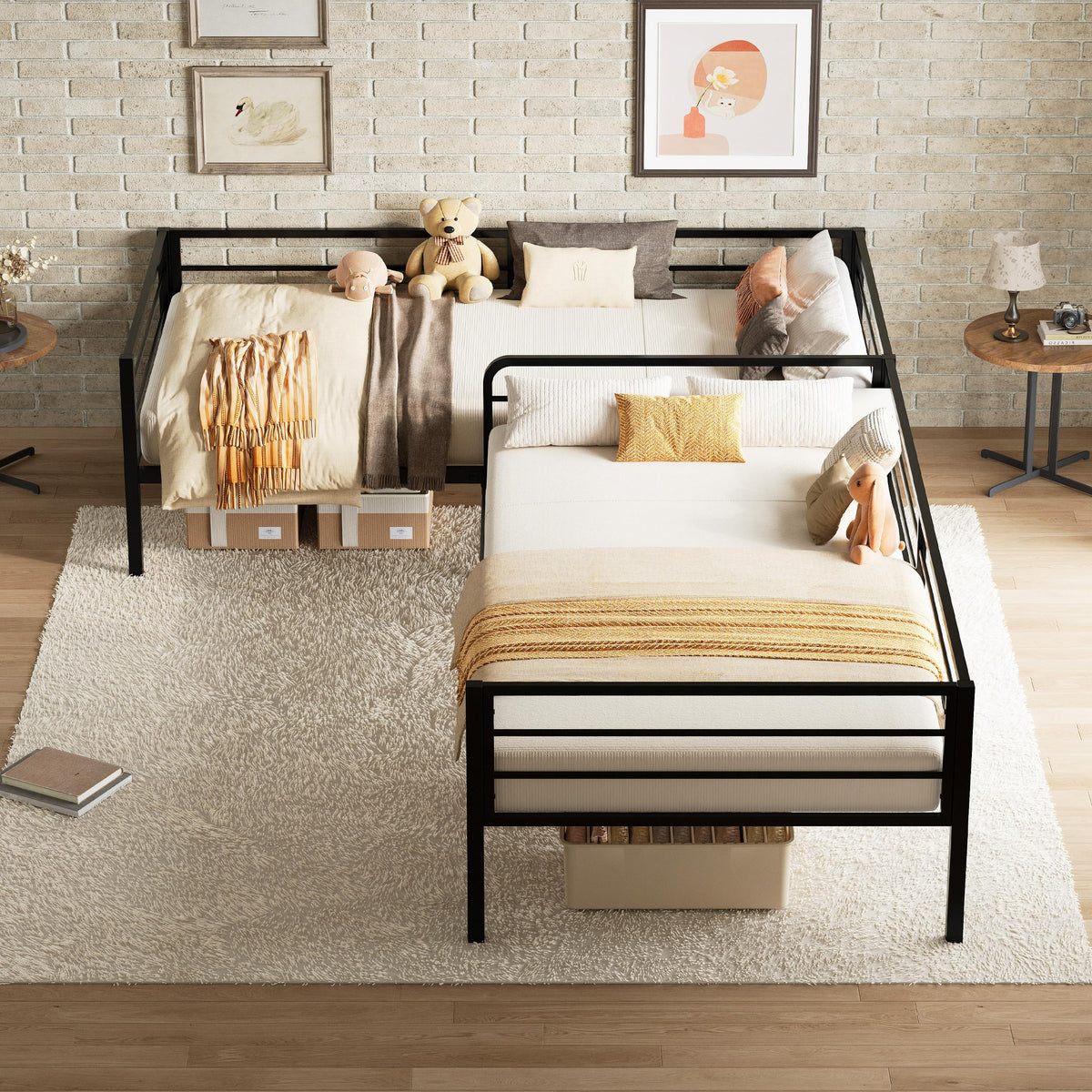 Black L Shaped Twin Beds with Rails B6554